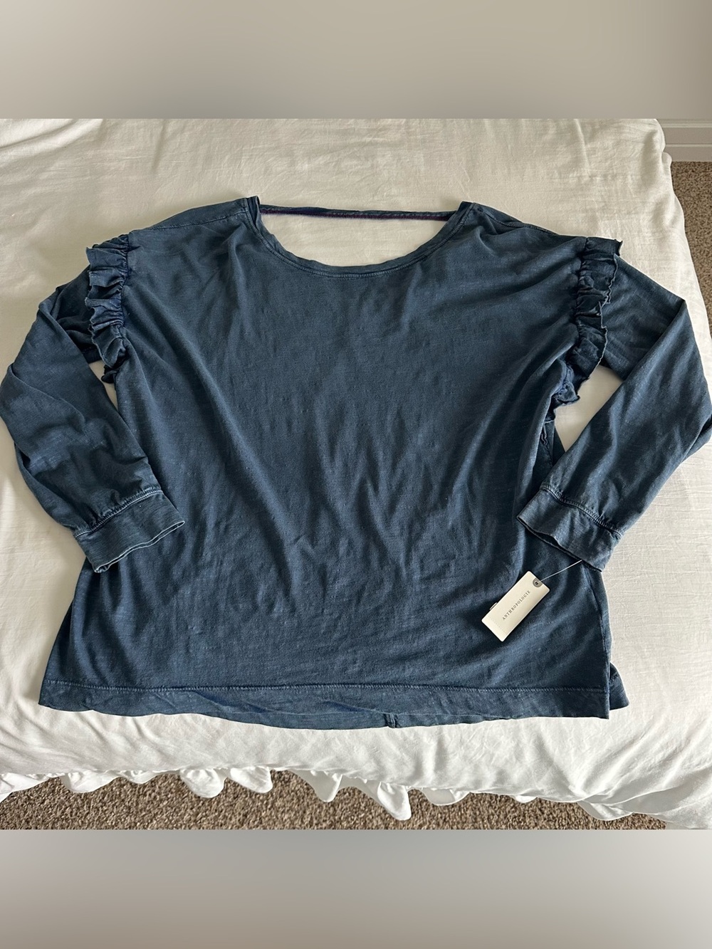 NWT Women’s Navy Acid Wash Anthropologie Ruffle Sleeve Top